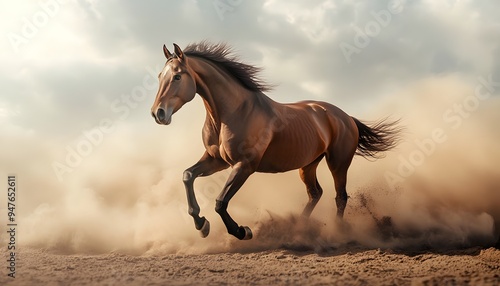 Beautiful brown horse galloping in the desert, with dust clouds flying around.