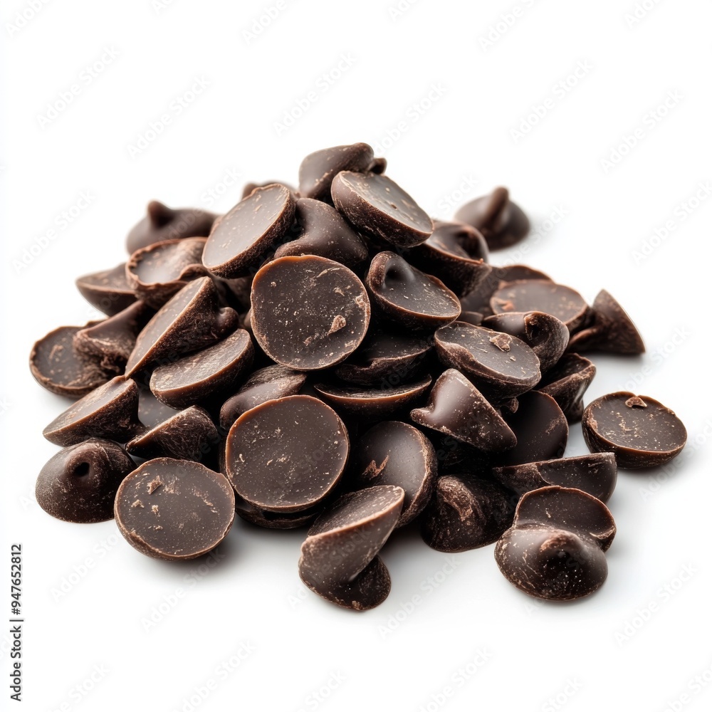 A small pile of dark chocolate chips isolated on a white background. A small pile of dark chocolate chips isolated on a white background.