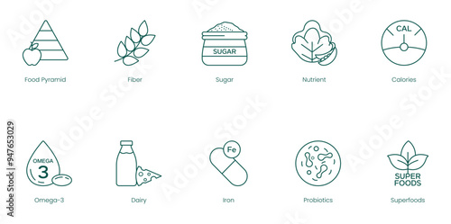 Comprehensive Nutrition Vector Icons: Food Pyramid, Fiber, Sugar, Nutrients, Calories, Omega-3, Dairy, Iron, Probiotics, and Superfoods