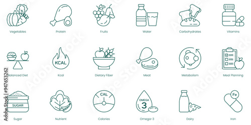 Complete Dietary Icons: Food, Vegetables, Protein, Fruits, Water, Carbohydrates, Vitamins, Balanced Diet, K-Cal, Dietary Fiber, Meat, Metabolism, Meal Planning, Sugar, Nutrition, Nutrients, Calories