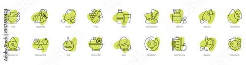 Comprehensive Nutrition Icons: Food, Vegetables, Protein, Fruits, Water, Carbohydrates, Vitamins, Minerals, Healthy Fats, Saturated Fats, Balanced Diet, K-Cal, Dietary Fiber, Meat, Metabolism