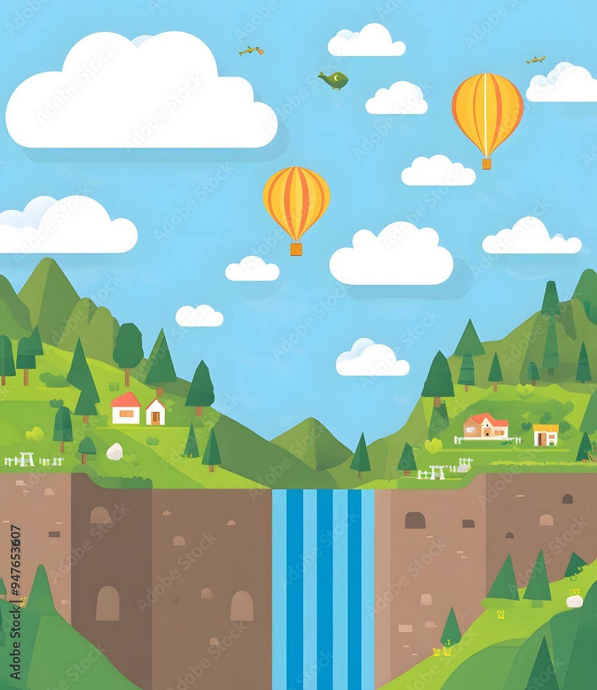 Flat Design Illustration of a Waterfall with Hot Air Balloons and Green Hills Flat Design Illustration of a Waterfall with Hot Air Balloons and Green Hills