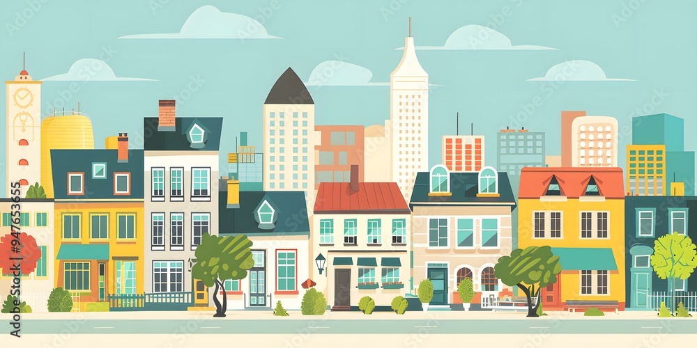 Cartoon Style Cityscape With Buildings And Trees Illustration Cartoon Style Cityscape With Buildings And Trees Illustration