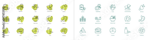 Comprehensive Nutrition Icons: Nutrition, Vegetables, Fruits, Carbohydrates, Minerals, Whole Grain, Balanced Diet, Dietary Fiber, Metabolism, Digestion, Food Pyramid, Sugar, Calories, Dairy