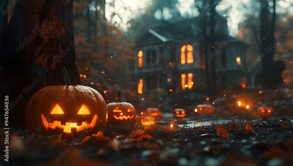 Halloween pumpkins and candles in the yard of an old house on Halloween night, orange glowing jack-o'-lanterns on trees, cinematic, Halloween pumpkins and candles in the yard of an old house on Halloween night, orange glowing jack-o'-lanterns on trees, cinematic,