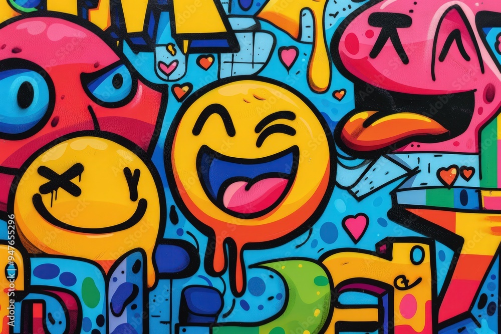 Emojis intertwined with abstract graffiti elements, creating an urban art vibe,