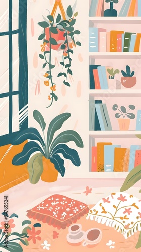 Cozy Home Interior Design with Bookshelf and Plants