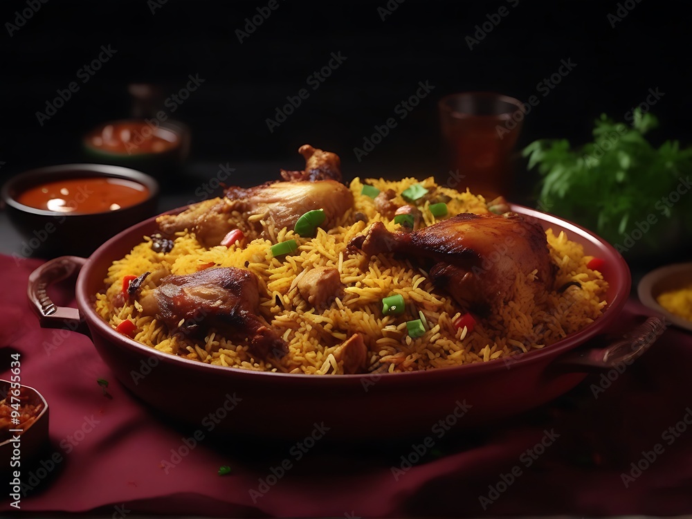 Delicious Dum Handi chicken Biryani or Mandi or Kabse dish, The dish is garnished with a sprinkle of fresh herbs and spicy sauce Delicious Dum Handi chicken Biryani or Mandi or Kabse dish, The dish is garnished with a sprinkle of fresh herbs and spicy sauce