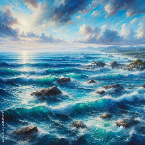 A painting of a ocean with a blue sky and the ocean in the background 