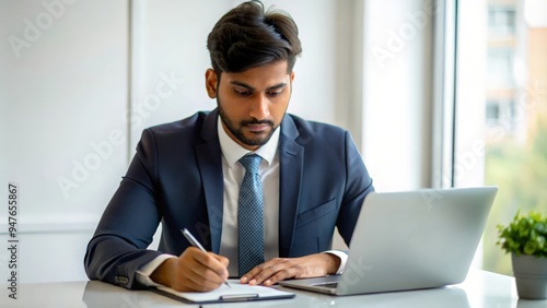An Indian banker taking notes on a financial report during a work session.
