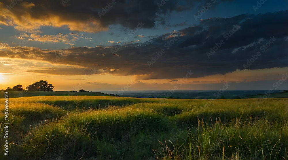 Fototapeta premium Sunset Over Green Grassy Field with Dramatic Clouds