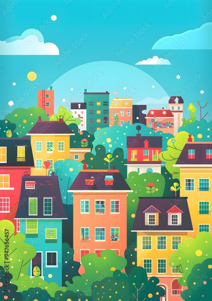 Colorful Illustration of a Cityscape with Houses and Trees Colorful Illustration of a Cityscape with Houses and Trees