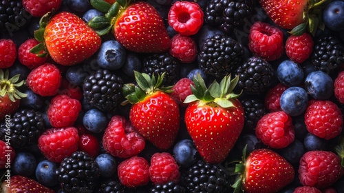 Assorted Fresh Berries: Strawberries, Raspberries, Blueberries and Blackberries. Berry background