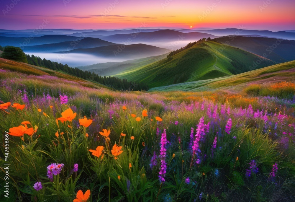 Obraz premium stunning dawn illuminating vibrant colors nature lush brilliant rich flora, sunrise, morning, hues, landscapes, skies, sunlight, illumination, beauty