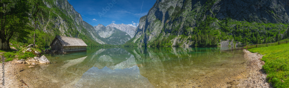 Fototapeta premium Bootshaus am Obersee lake in Berchtesgaden National Park, Alps Germany