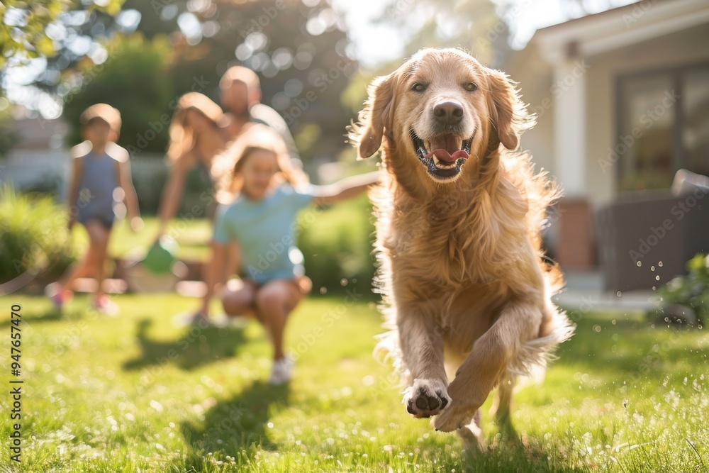 A dog is running in a grassy field with a family watching A dog is running in a grassy field with a family watching