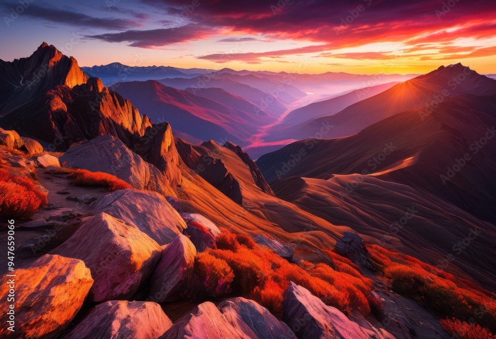 Fototapeta premium breathtaking mountain peaks illuminated spectacular sunrise vistas showcasing vibrant colors majestic landscapes, sky, horizon, nature, beauty, scenery