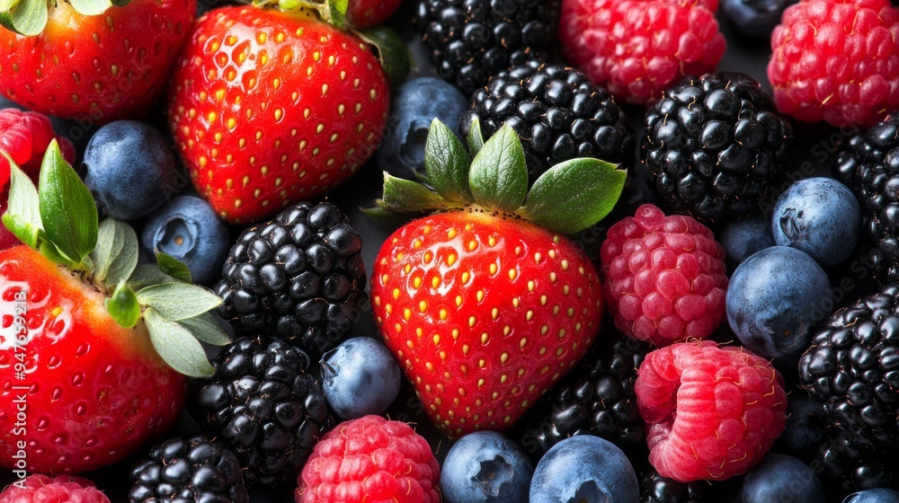 Assorted Fresh Berries: Strawberries, Raspberries, Blueberries and Blackberries. Berry background Assorted Fresh Berries: Strawberries, Raspberries, Blueberries and Blackberries. Berry background