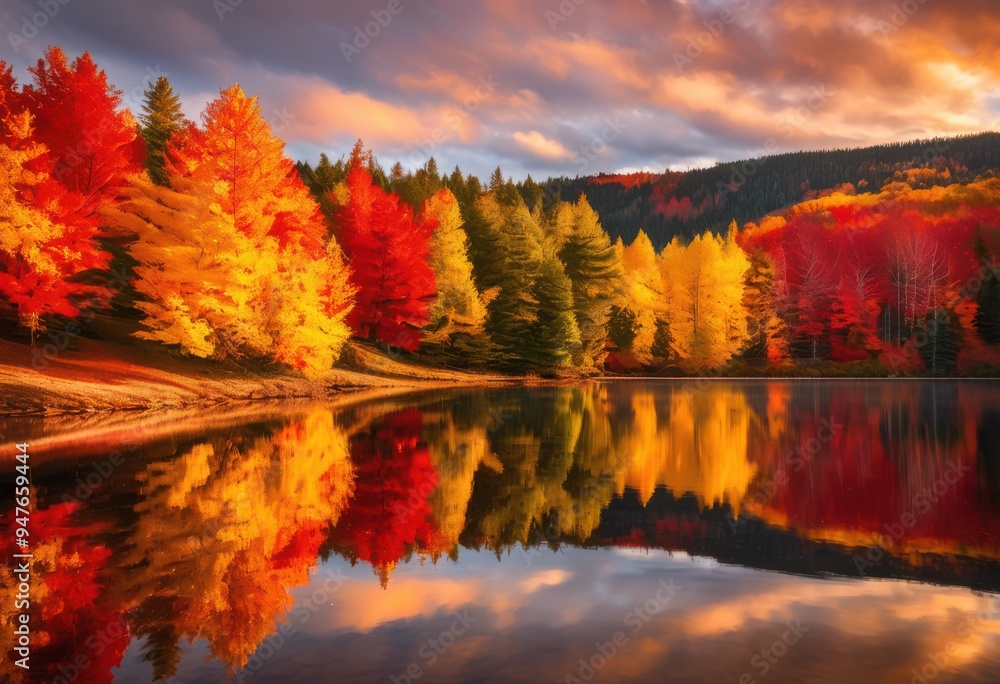 Obraz premium vibrant fall foliage reflected serene lake surrounded colorful trees scenic nature landscape, autumn, reflection, scenery, water, beauty, tranquil, seasonal