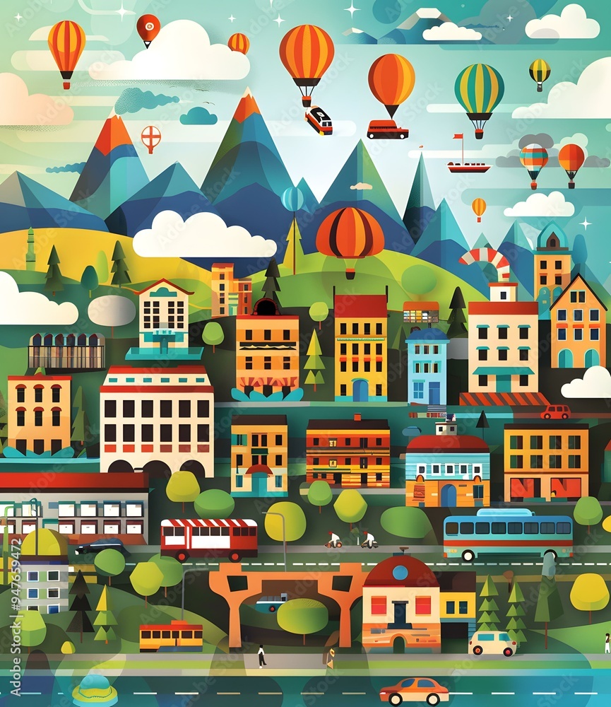 Colorful Cityscape Illustration with Hot Air Balloons Colorful Cityscape Illustration with Hot Air Balloons