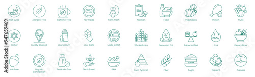 Health and Quality Assurance Icons: 100% Juice, Allergen-Free, Caffeine-Free, Fair Trade, Farm-Fresh, Nutrition, Food, Vegetables, Protein, Fruits, Kosher, Locally Sourced, Low Sodium, Low Carb