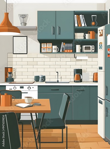 Modern Kitchen Interior Design Illustration With Teal Cabinets And Wooden Floor