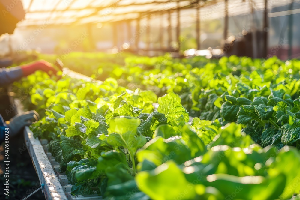Hydroponic farm with rows of plants growing in nutrient-rich water. Workers adjusting the nutrient levels, Generative AI Hydroponic farm with rows of plants growing in nutrient-rich water. Workers adjusting the nutrient levels, Generative AI
