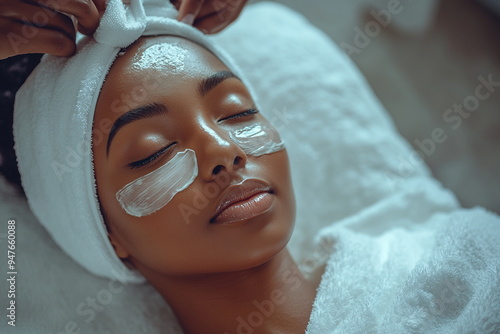 Skincare and beauty portrait. An African woman with beautiful face lying on the cosmetic couch. Young adult smiling girl model having her skin treated