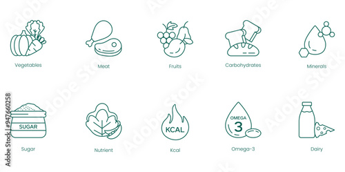 Comprehensive Food and Nutrition Icons: Vegetables, Meat, Fruits, Carbohydrates, Minerals, Sugar, Nutrients, K-Cal, Omega-3, and Dairy