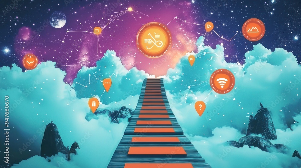 Obraz premium A futuristic cityscape showing a global network of technology and business connectionsGraphic depicting the journey of a small business from concept to reality, highlighting key milestones and challen