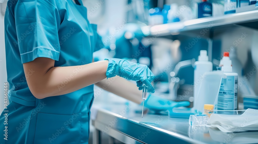 Healthcare worker sterilizing medical instruments Healthcare worker sterilizing medical instruments