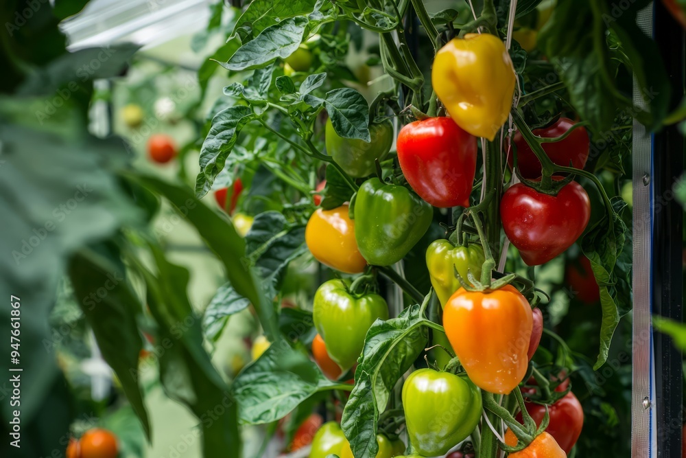 Hydroponic garden with a variety of peppers and tomatoes in a vertical setup. Grower managing light and nutrients, Generative AI Hydroponic garden with a variety of peppers and tomatoes in a vertical setup. Grower managing light and nutrients, Generative AI