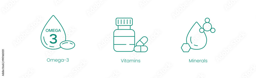 Essential Nutrients Vector Icons: Omega-3, Vitamins, and Minerals Essential Nutrients Vector Icons: Omega-3, Vitamins, and Minerals