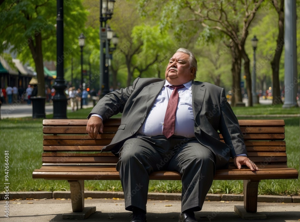 A man in a suit sits on a park bench. AI. A man in a suit sits on a park bench. AI.