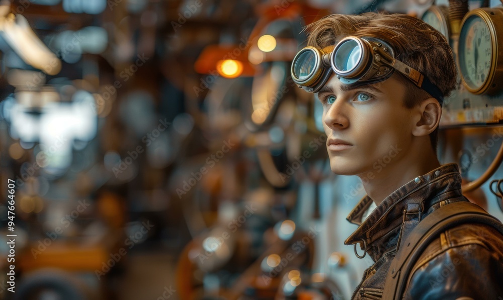 A young man in goggles looks up thoughtfully. AI. A young man in goggles looks up thoughtfully. AI.