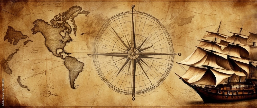 Fototapeta premium An Old World Map, Compass, and Sailing Ship