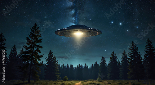 Alien ufo abduction lit up in the night sky, alien spaceship