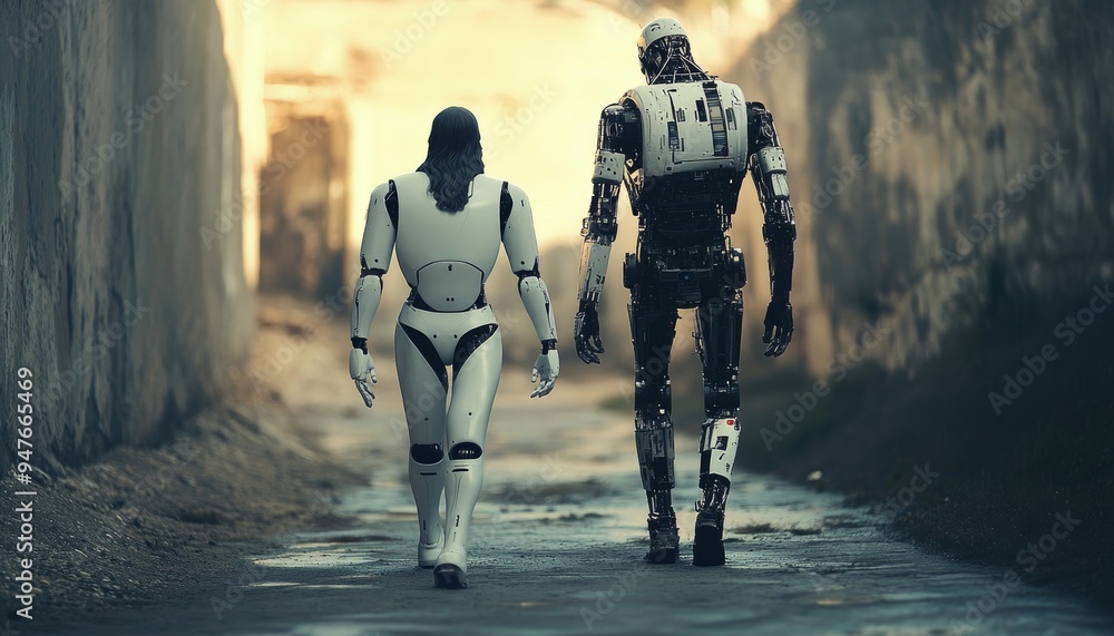 A unique encounter robot and jesus walking together in a captivating photography shot A unique encounter robot and jesus walking together in a captivating photography shot