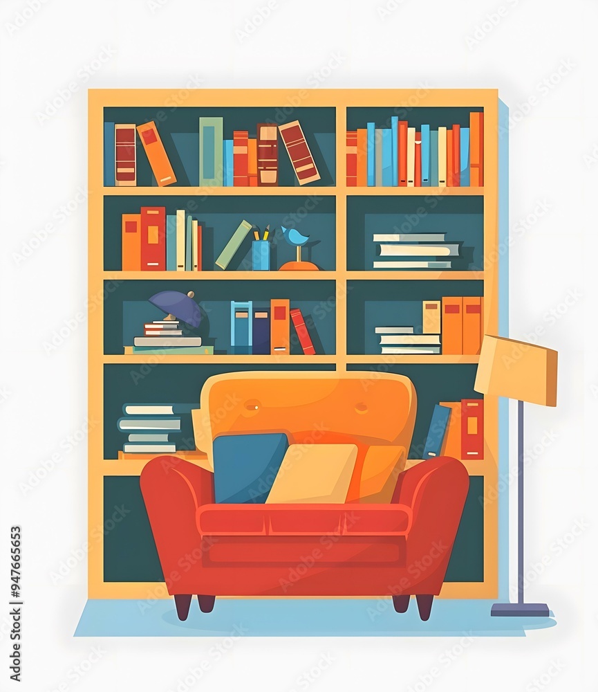 Fototapeta premium Cozy Living Room With Armchair and Bookshelf