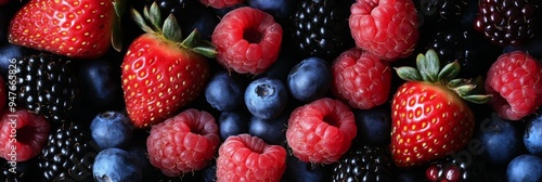 Assorted Fresh Berries: Strawberries, Raspberries, Blueberries and Blackberries. Berry background