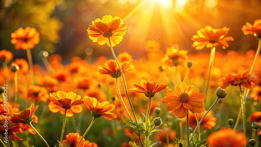 Vibrant orange flowers sway gently in the warm golden sunlight, their petals shimmering like tiny jewels as they dance across the lush green grass. Vibrant orange flowers sway gently in the warm golden sunlight, their petals shimmering like tiny jewels as they dance across the lush green grass.