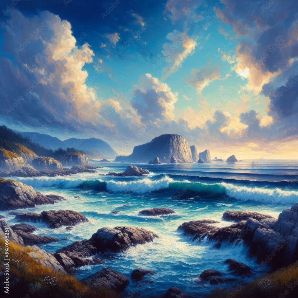 A painting of a ocean with a blue sky and the ocean in the background
A painting of a ocean with a blue sky and the ocean in the background