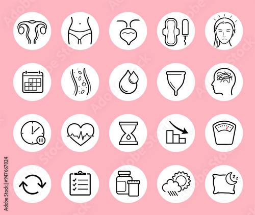 Woman menstruation cycle, menopause set icons. The outline icons are well scalable and editable. Contrasting elements are good for different backgrounds. EPS10.