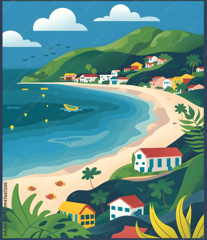 Fototapeta premium Tropical Coastal Village Illustration
