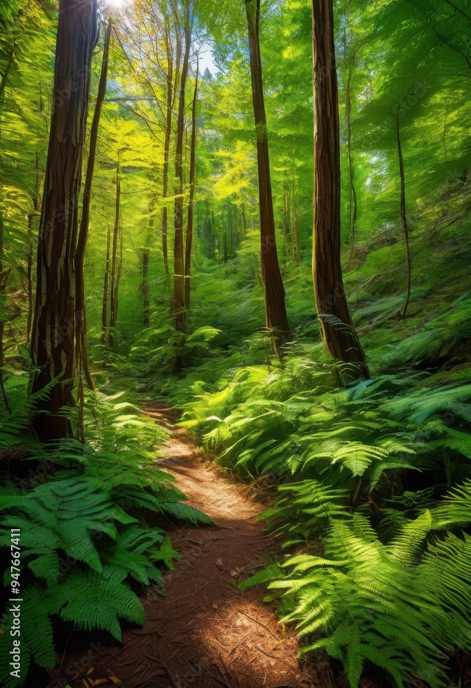 Fototapeta premium vibrant trails showcasing diverse flora fauna lush natural setting rich colors varied textures, adventure, exploration, discovery, journey, biodiversity