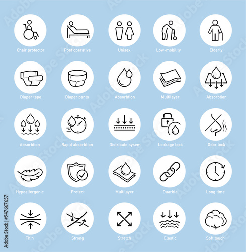 Set icons for elderly health care, diaper tape and pants. The outline icons are well scalable and editable. Contrasting vector elements are good for different backgrounds. EPS10.
