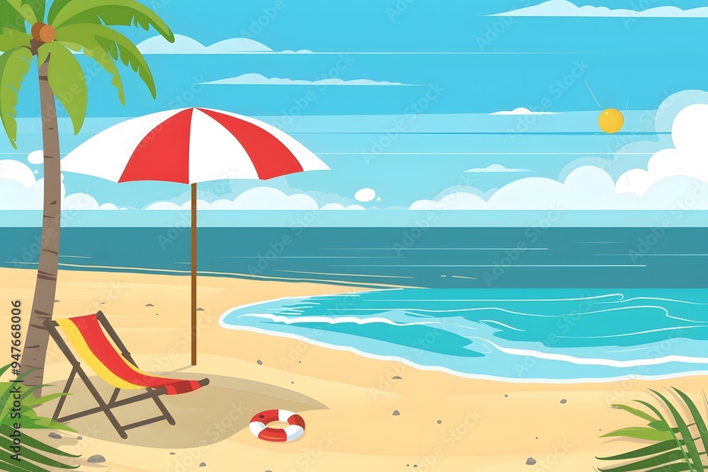 Fototapeta premium Summer Beach Vacation with Palm Tree and Umbrella