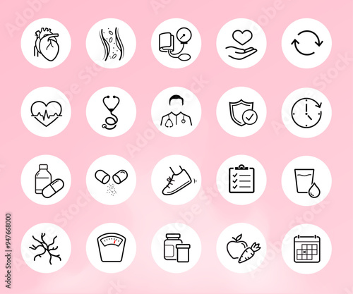 Heart health, illness icon set. The outline icons are well scalable and editable. Contrasting elements are good for different backgrounds. EPS10.