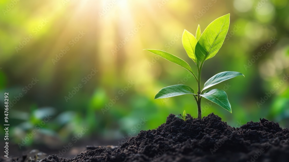 Young plant seedling in rich soil with a blurred background Young plant seedling in rich soil with a blurred background