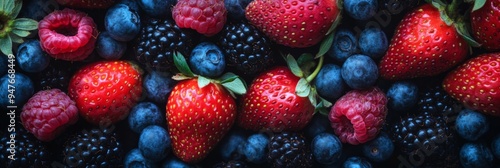 Vibrant Mix of Fresh Berries: Strawberries, Blueberries, Raspberries, and Blackberries. Background